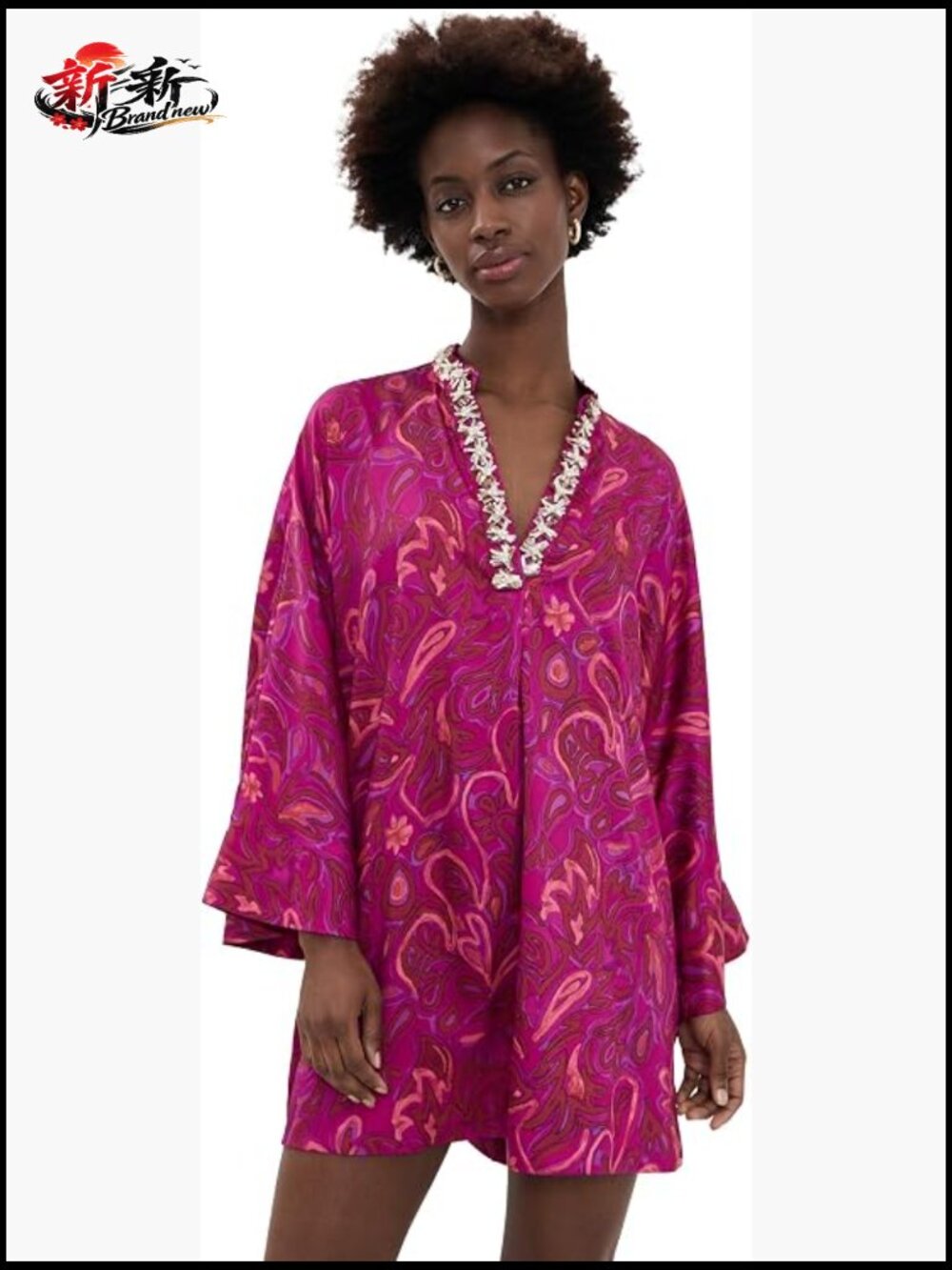 Cinq a Sept Paisley Bloom Collarless Arcia Kaftan Dress, V-Neck, 3/4 Sleeve,